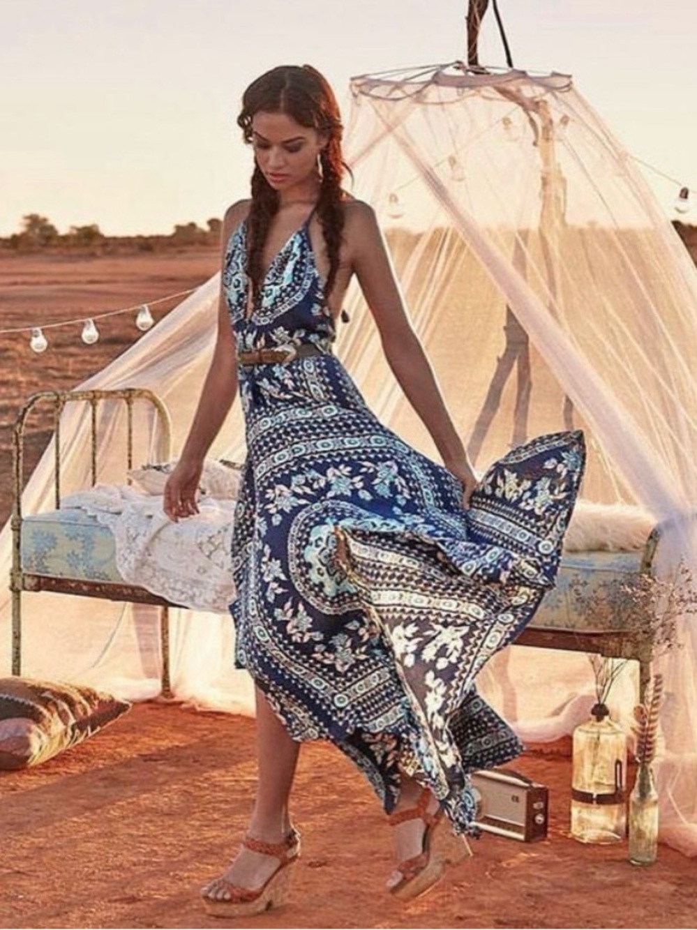 SPELL NEW Pandora Kerchief Halter Dress in Night Garden Size L NWT RARE